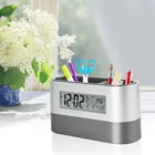 Unique advertisement LCD digital electric table music alarm pen holder automatic calendar clock
