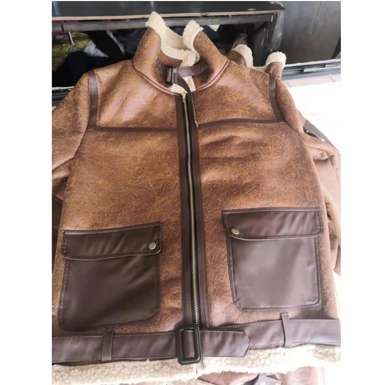 Hot Selling  Warm Sheepskin Filling  Men Winter Biker Style Vintage Fur Jacket Clothing Aviator Plus Size Leather Jacket