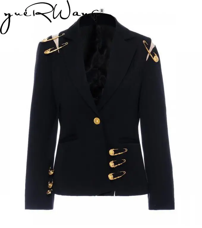 GetSpring Women Blazer Broken Pin Decorative Single Button Long Sleeve Black Suit Coat Women's Slim Suit Jacket 2022 New