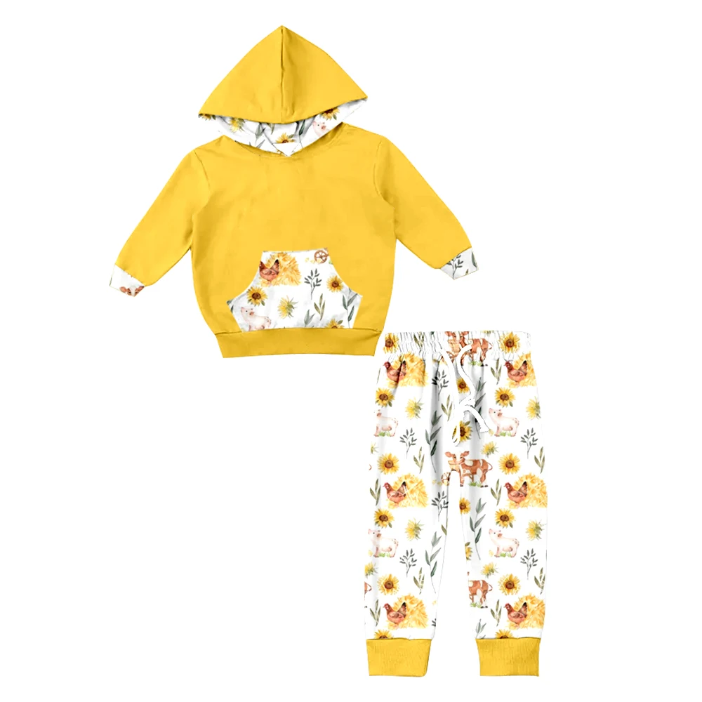 Top selling new design low price kids outfits 100% cotton deer flower sheep pig farm long Sleeve Shirt pant baby clothes