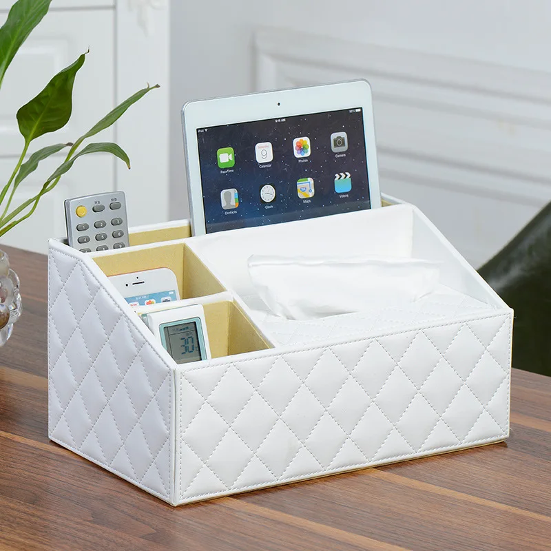 Custom material and design pu leather desk organizer with tissue box