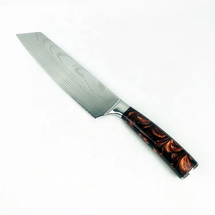 Stainless steel handle with resin injection laser damascus pattern blade cleaver knife for kitchen