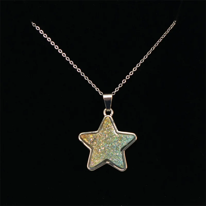 Natural Crystal Stone Druzy Heart Moon Star Shape Pendant Necklace With Stainless Steel Chain Gemstone Jewelry For Women Gifts