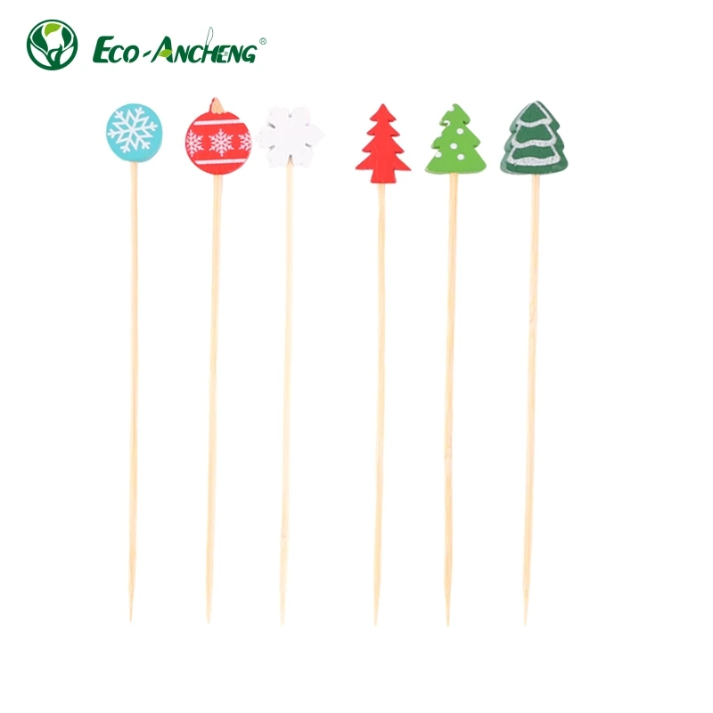 Christmas Cocktail Drinking Picks Disposable Bamboo Stick Skewer Decoration Colorful Bamboo Bead Picks with Plastic Wooden Beads