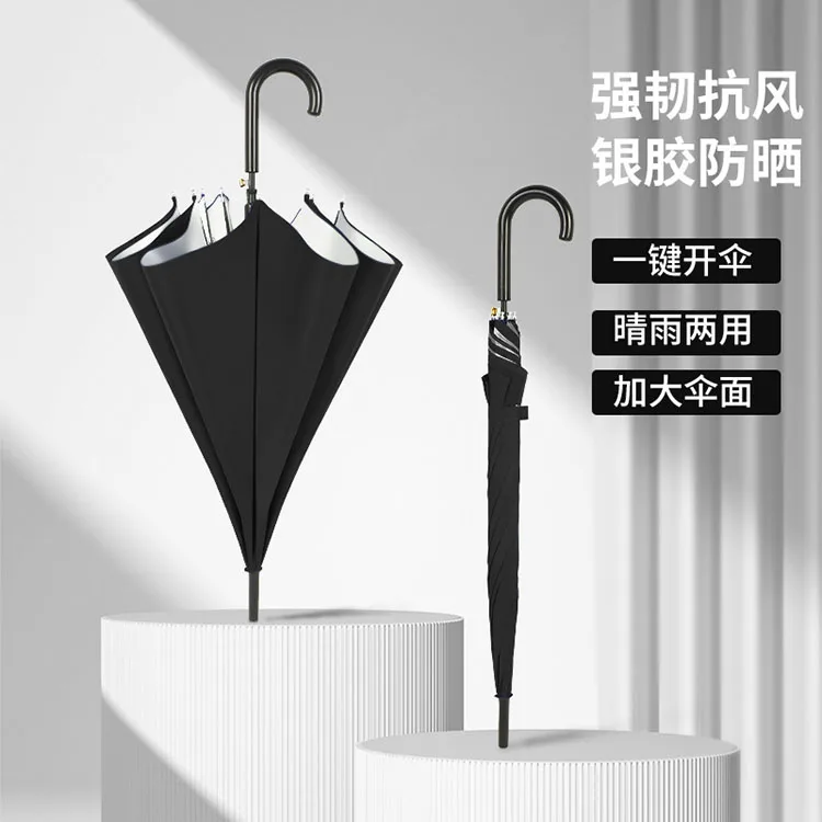 CHUVABAND 21 Inch 8 K Factory Wholesale Silver Coated J-Shape Handle Automatic Cheap Rain Umbrella With UV