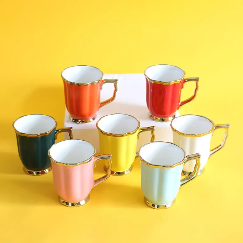 Wholesale Nordic Ceramic Coffee Gold Handle Rim Luxury Colorful Mugs Porcelain Tea Milk Color Glaze Cups
