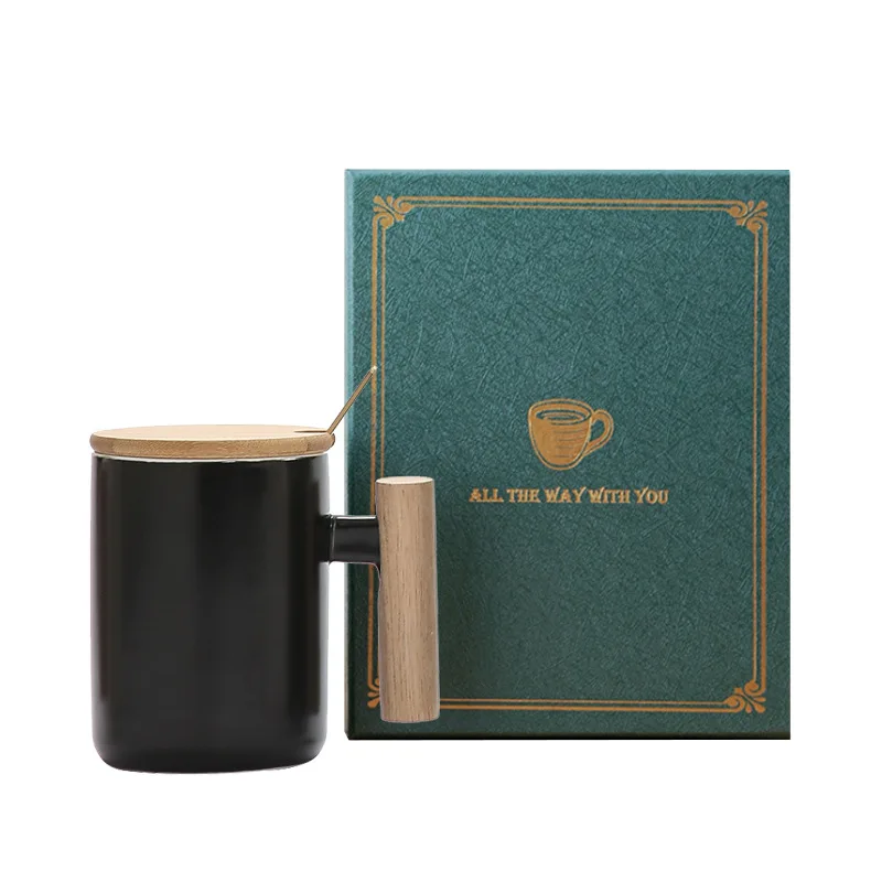 14 oz matte black grey exquisite logo unique vintage customized ceramic mugs with wooden handle bamboo lid and stir spoon