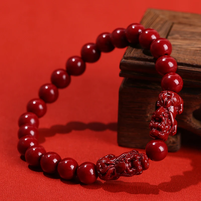 JD GEMS Feng Shui Wealth Lucky Double Pixiu Tai Chi Round Buckle Charms Original Mine Purple Cinnabar Round Beaded Bracelet