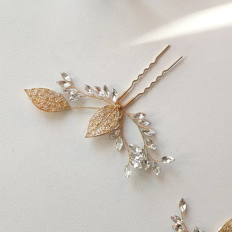 Simple Rhinestone Bridal Hair Pin Women Leaf Shape Headpiece Wedding Pins With Marquise Stone