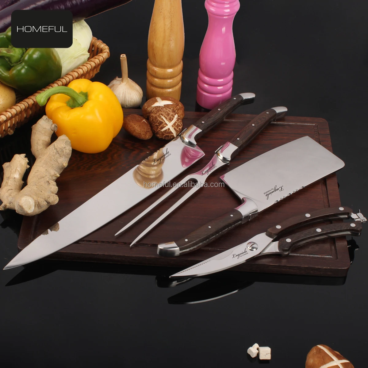 4pc Laguiole Stainless Steel Chef Knife Set 3Cr13 Blade for Cutting Wenge Wood Carving Knife Cleaver Scissors Four-Piece Set