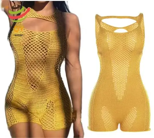 QY523 2024 New Arrivals woman one pieces Jumpsuit backless Sexy yellow Hollow Out shorts Jumpsuit