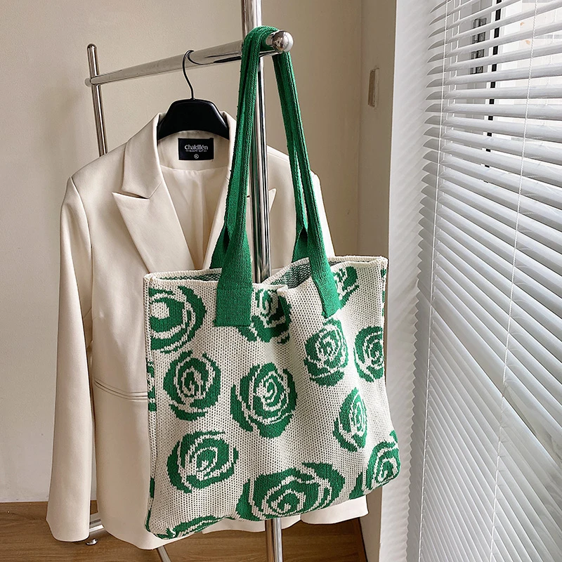 Factory Wholesale Rose Pattern Crochet Handbag Women Large Capacity Shoulder Bag Knitted Tote Bag