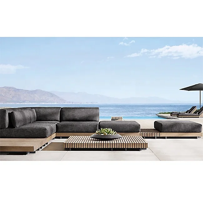 
Modern Rattan Wood l Shaped Grey Couch Living Room Garden Set Furniture Sofa Bed Outdoor Sofa 
