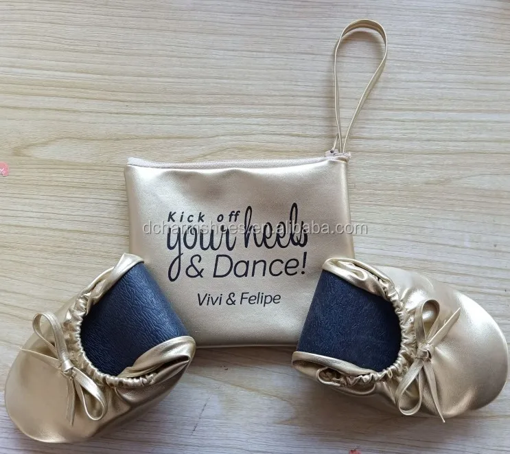 Custom Design soft gold rollable ballet flat with organza bag packing for Giveaway shoes