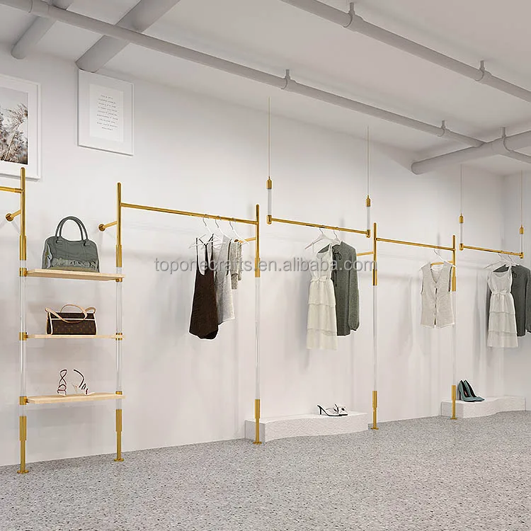 Modern fashion Gold Garment Retail Clothing Shop Fittings Metal Wall Mounted Hanging Rail Display Rack