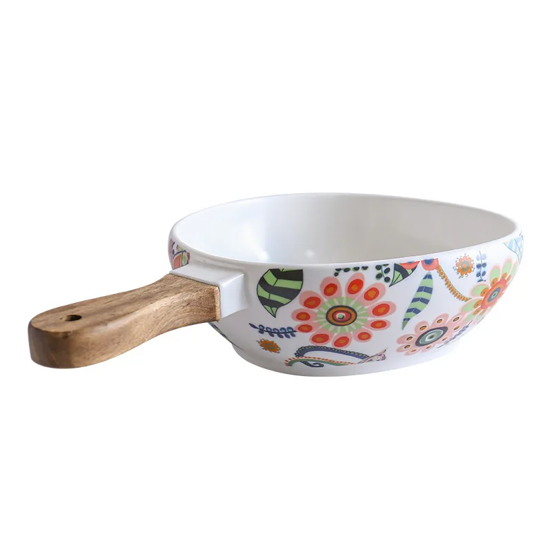 Матовая глазурованная керамическая декоративная вложенная уникальная миска для супа с деревянной ручкой из акации