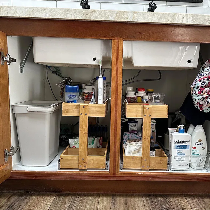 2 Tier Slide Out Under Sink Organizer, Bamboo Under Bathroom Cabinet Organizer Storage Shelf for Kitchen Bathroom