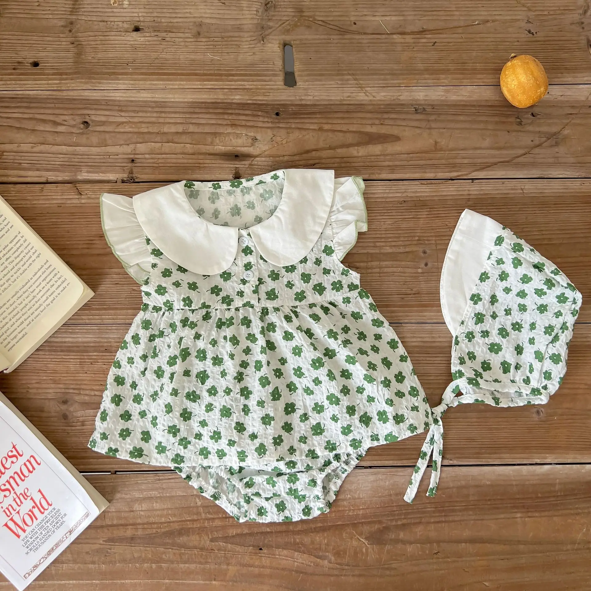3 Pcs Baby Clothes Set with Bonnet Seersucker Baby Dress Floral 100% Cotton Peter Pan Top & Shorts Set Boutique Baby Clothes Set