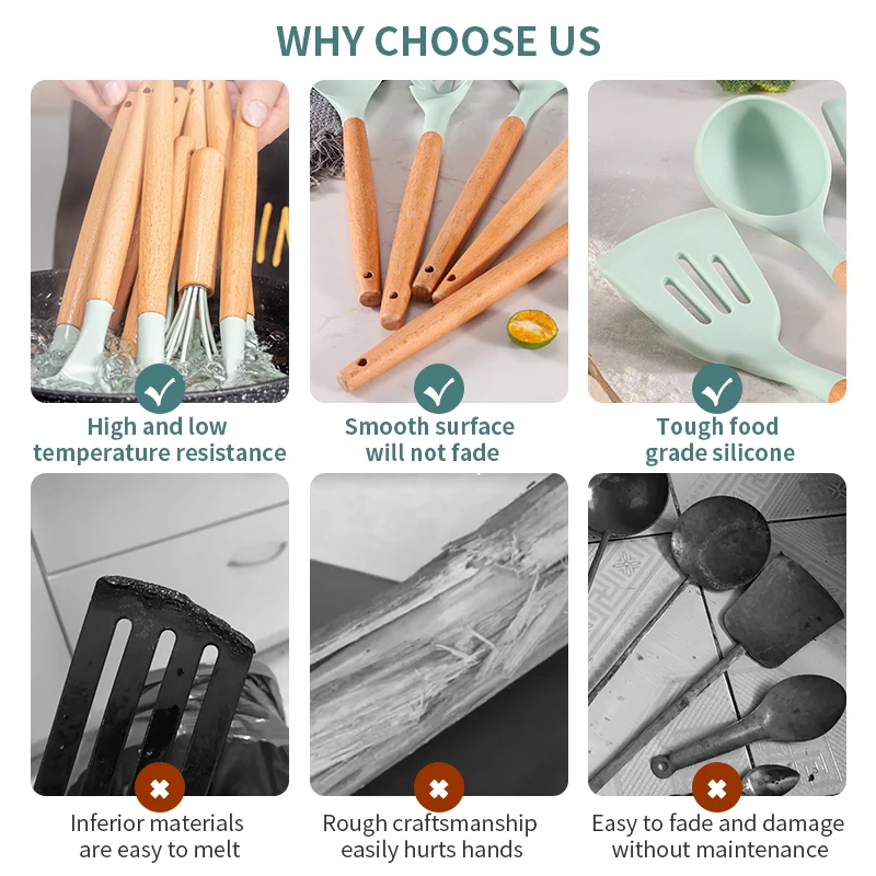 12 Pcs Heat Resistant Stand Accessories Silicone Wood Cooking Kitchen Utensil Set 11pcs With Kitchen Knifes For Camping Cooking