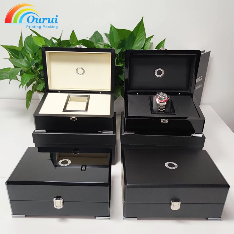 High Glossy Luxury Watch Display Box PU Leather Square Rectangle Single Wooden Watch Gift Box