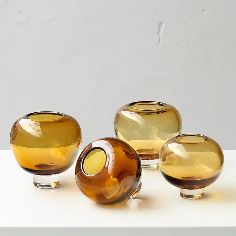 Bixuan Hand blown Glass Vase Modern Luxury Home Decor Table Centerpieces Small Ball Shape Amber Solid Color Flower Glass Vases