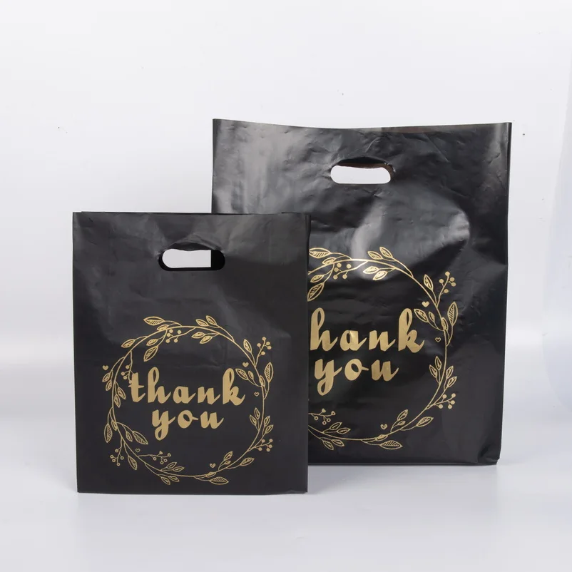 Custom Printed Logo Plastic Bag Personalized HDPE LDPE Black Thank You Die Cut Plastic Shopping Bag With Handle