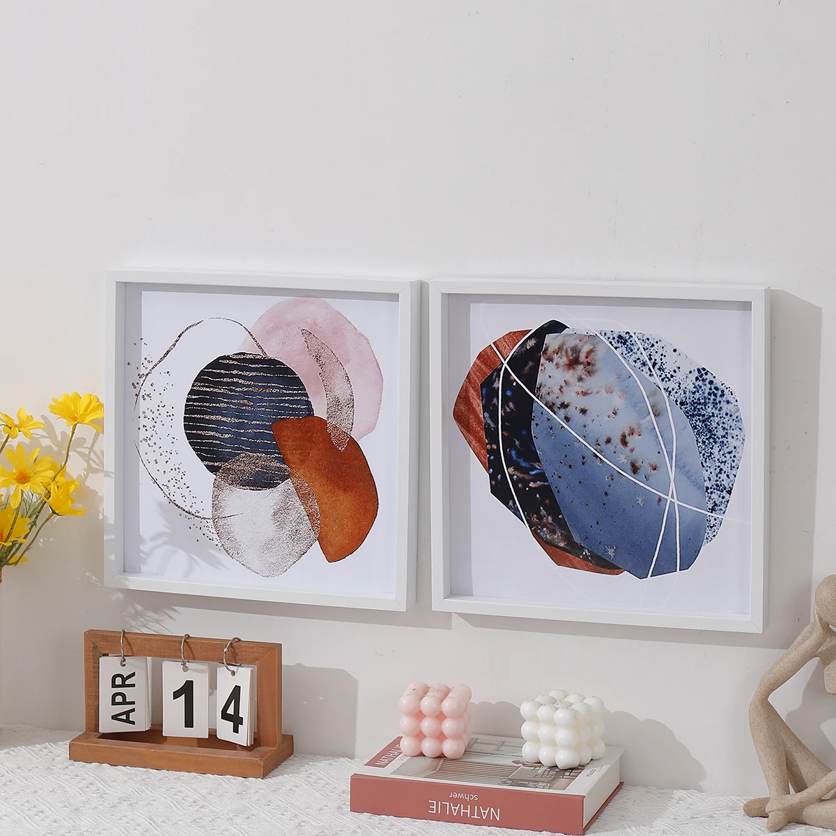 1PC Wood Photo Frame - Abstract Color Block Small Art Modern Simple Home Hanging Pictures square Living Room Murals