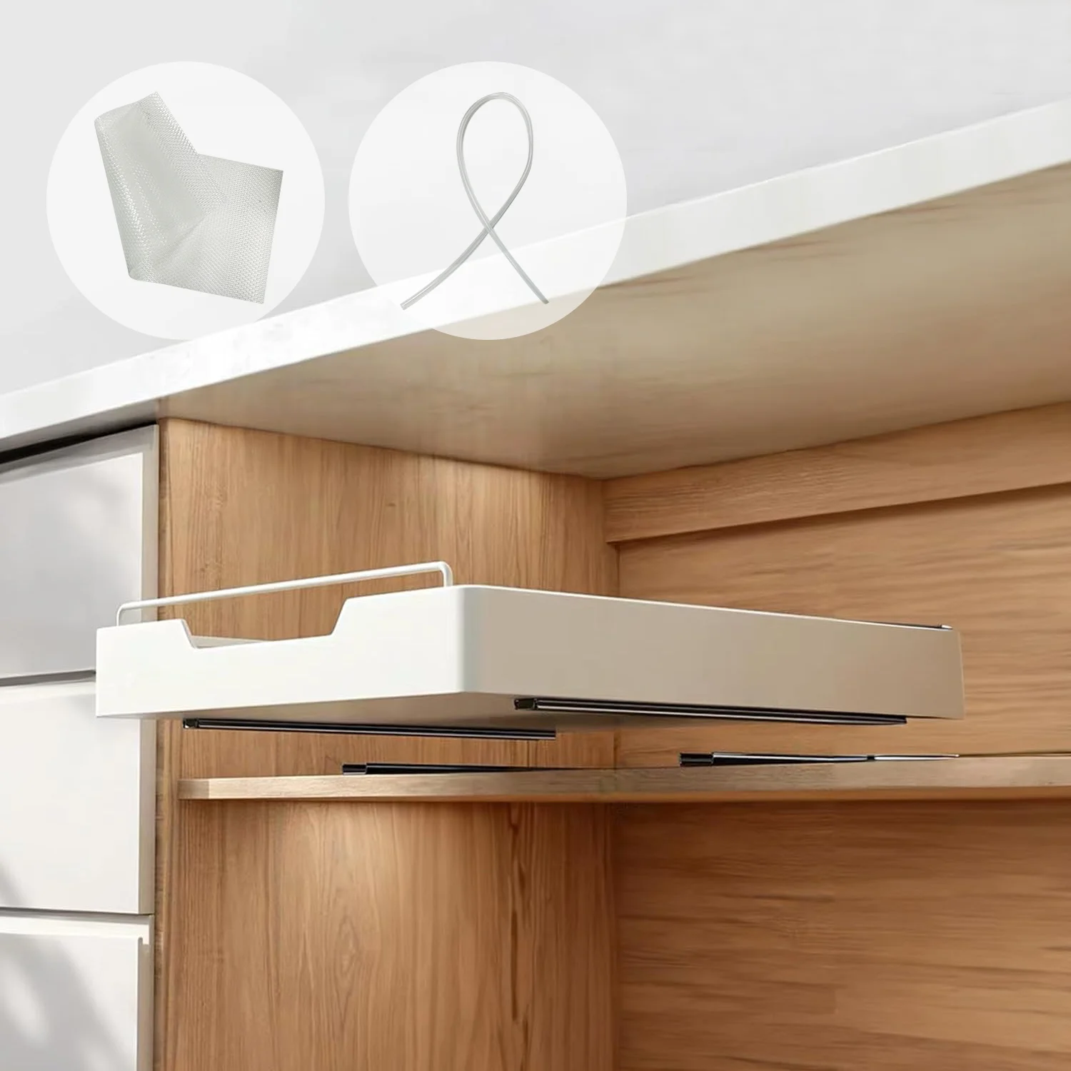 Pull Out Cabinet Organizer Fixed With Adhesive Nano Tape, Steel Metal Slide Out Pantry Shelve, Sliding Drawer for Kitchen
