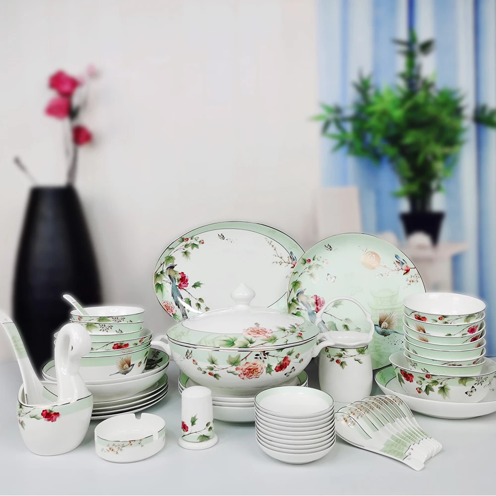 52pcs Flowers print Ceramic Fine Bone china Dinnerware Set for Home