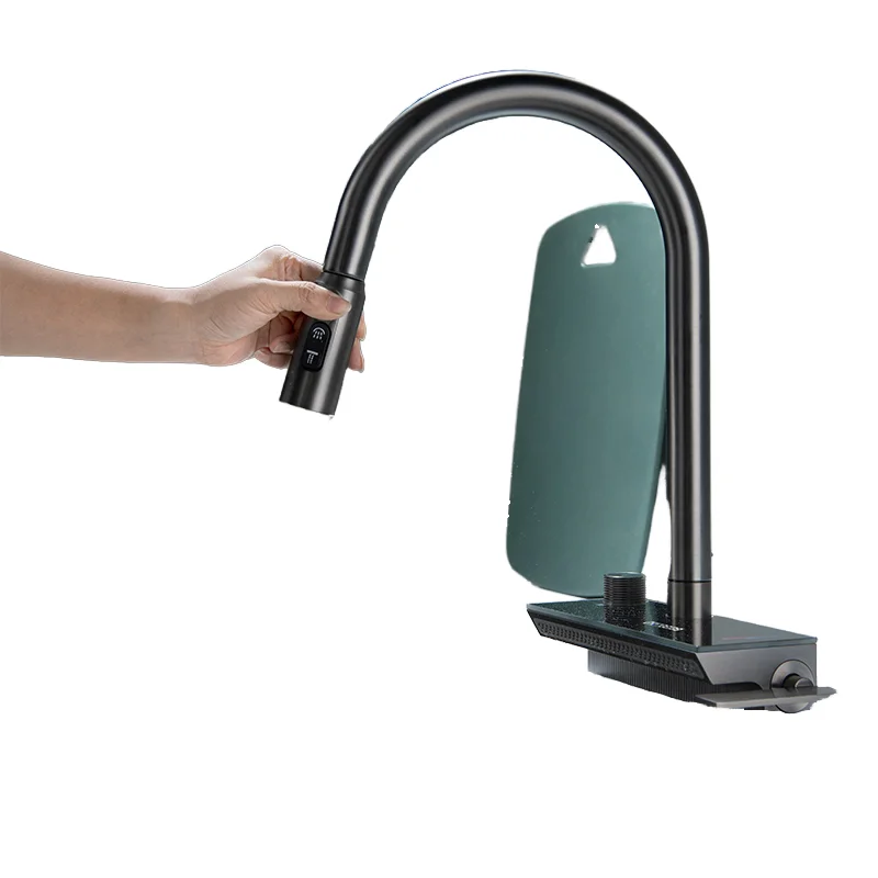 All-Copper Kitchen Faucet with Digital Display Flying Rain Waterfall Hot & Cold Pull Rotating Household Sink Kitchen Faucets