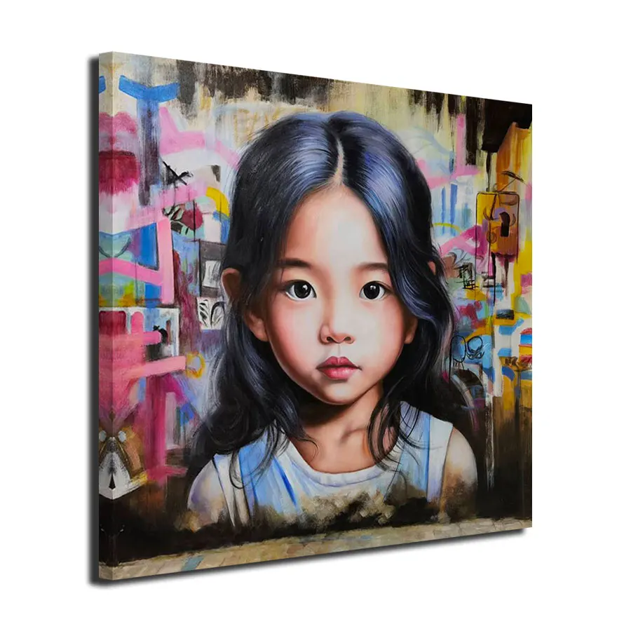 Original Art Handmade Customized Realistic Portrait Painting High Quality Kids Figures Blue Wood Frame Wall Art Work Canvas