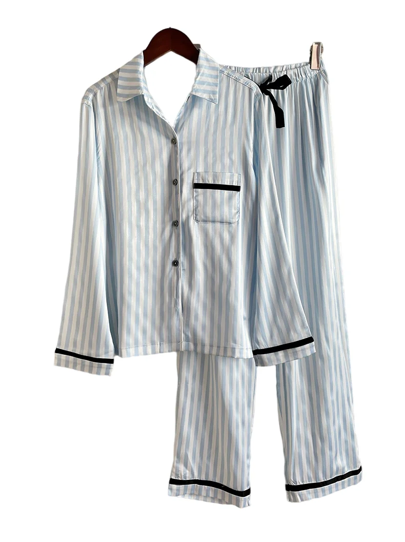 Fall Satin Two Piece Long Sleeve Sexy Pajamas For Women Set Oem Sleepwear Stripe Nightwear Women Pajamas Set