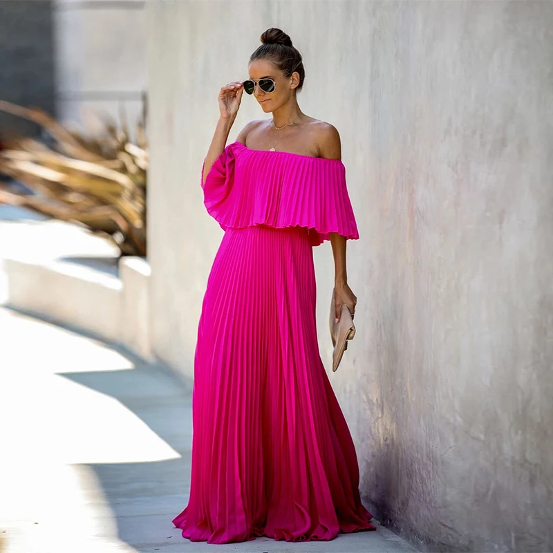 Off shoulder beach dresses Women party dress maxi ruffle solid pink autumn dresses