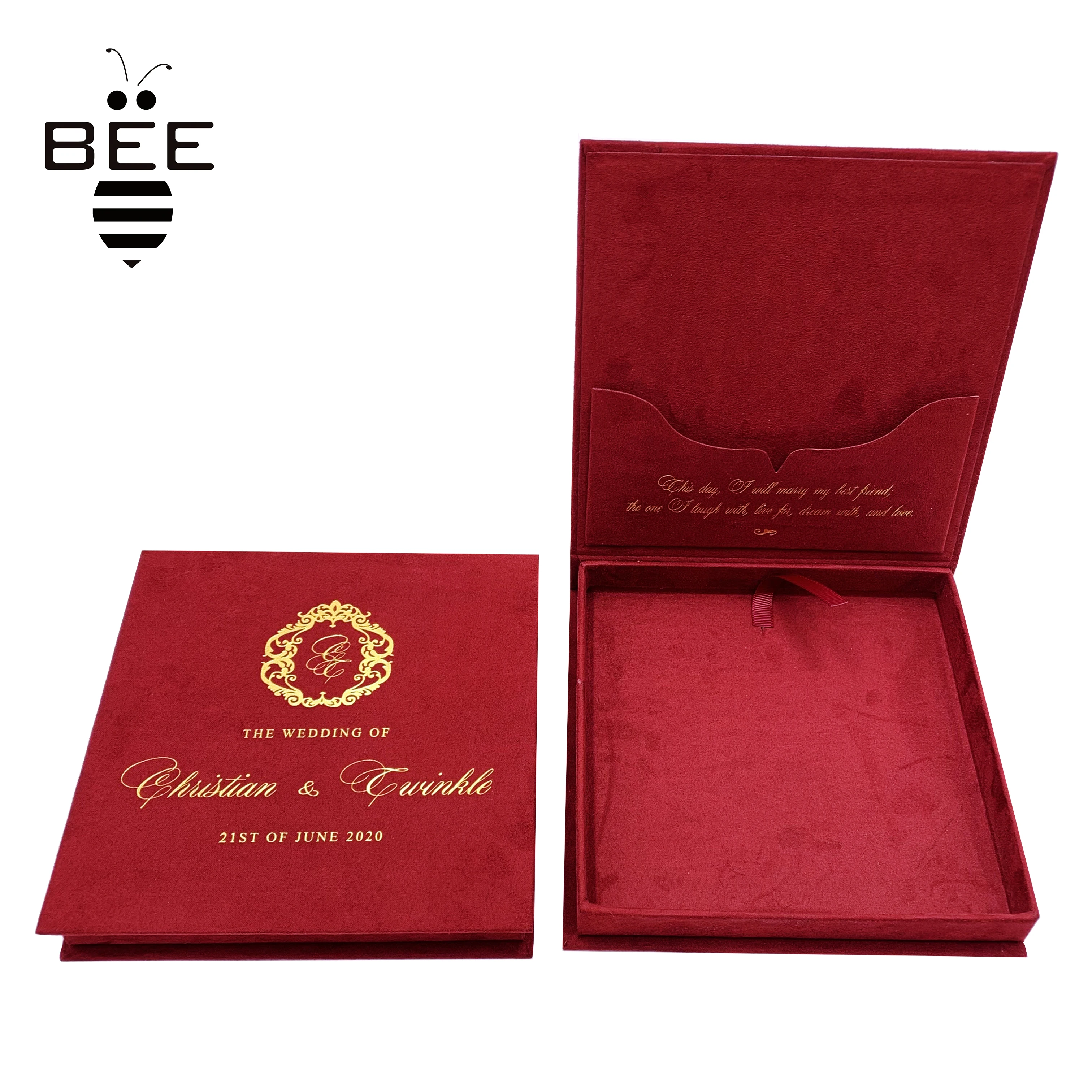 Invitation card packing red box cardboard luxury packaging boxes with paper velvet insert for wedding invitation