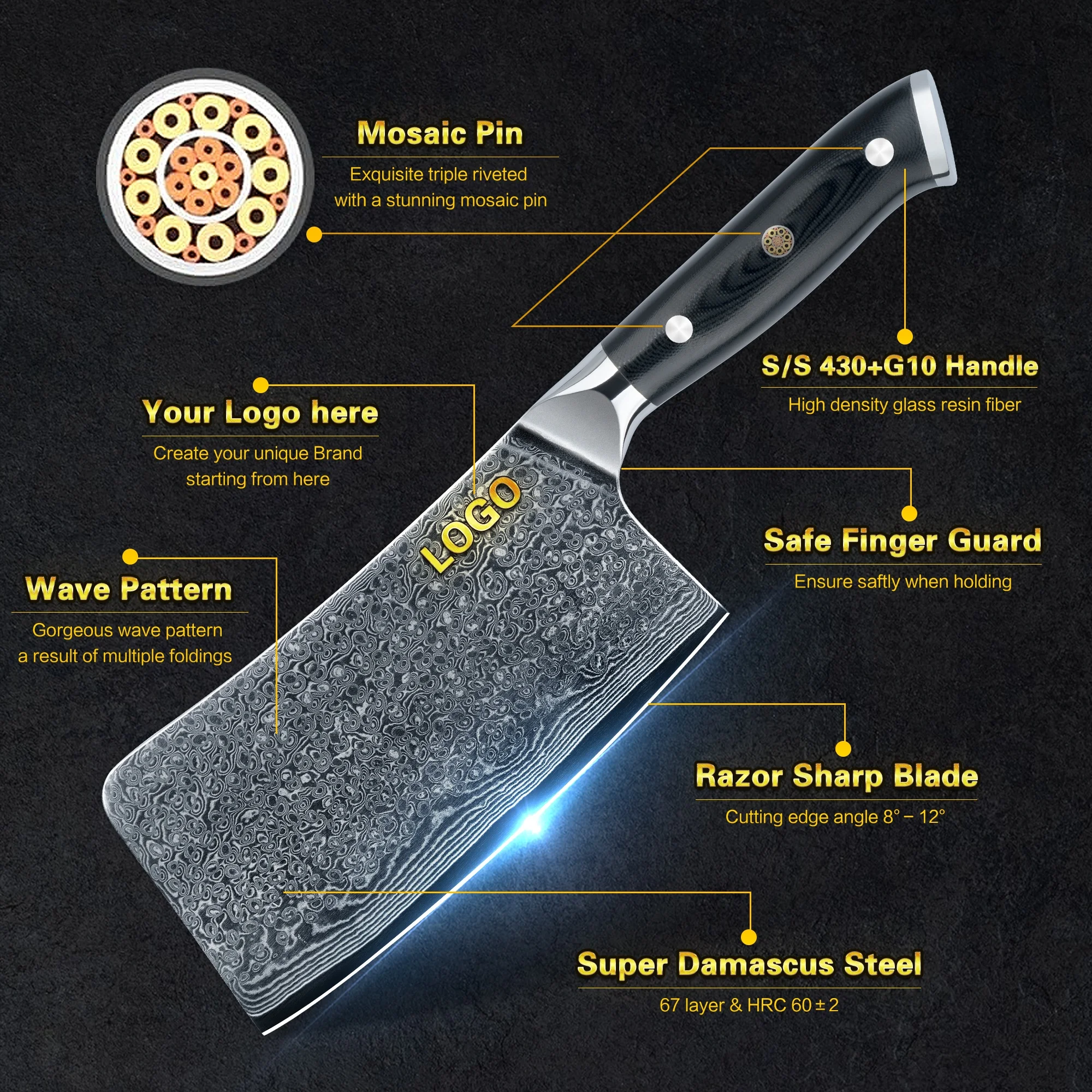 Free Shipping 7 Inch Damascus Professional Butcher Cleaver Knife with Black G10 Mosaic Pin Handle Free logo