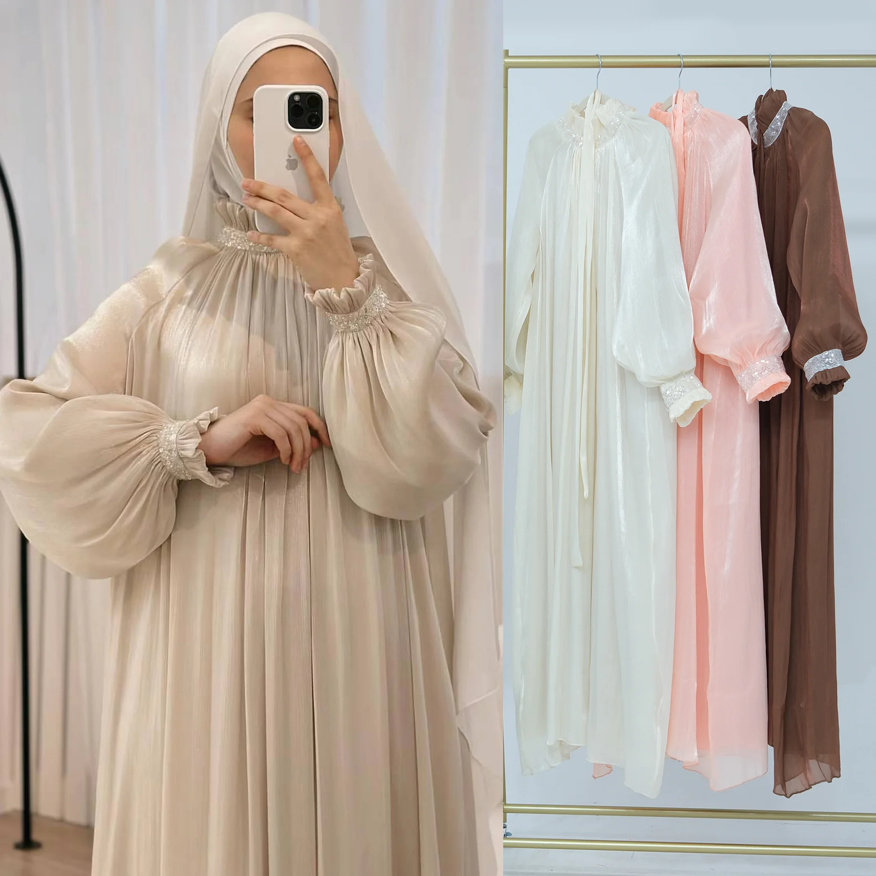 Sharut Wholesale Dubai Abaya Luxury Satin Modest Muslim Dress Women Eid Elegant Custom Modest Sequins Shining Sparkly Abaya