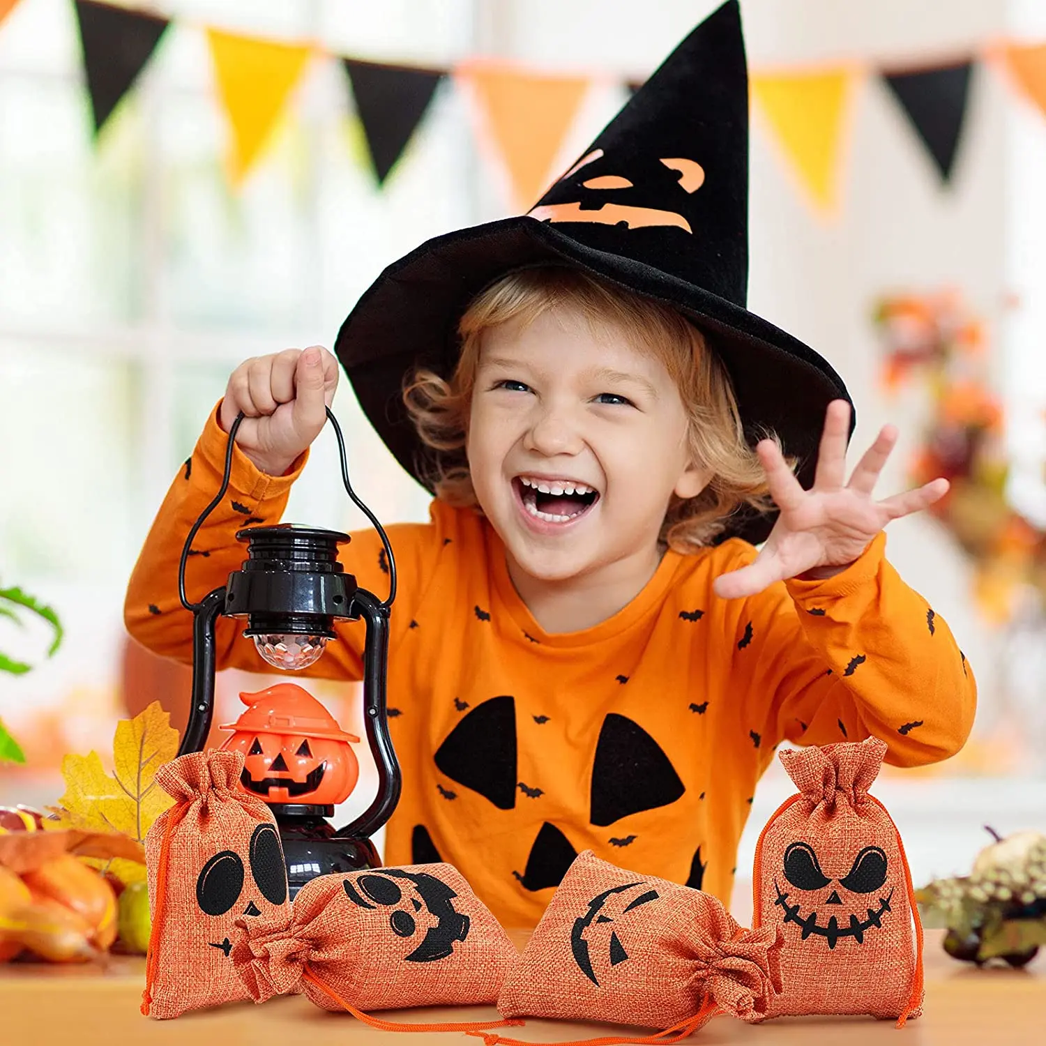 Wholesale 36pcs Halloween bag drawstring jewelry linen Halloween candy bag pumpkin face custom Halloween candy bag 10*15cm