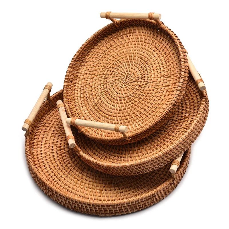 High Quality Cheap Rattan Fruit Plate Round Rattan Tray With Handle Rattan Basket