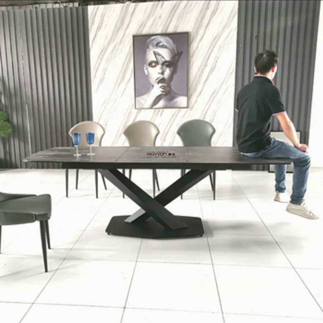 Modern X-Shaped Metal Feet Imported Ceramic Top Retractable Extendable Rectangle Dining Table Set Office Dining Room Furniture