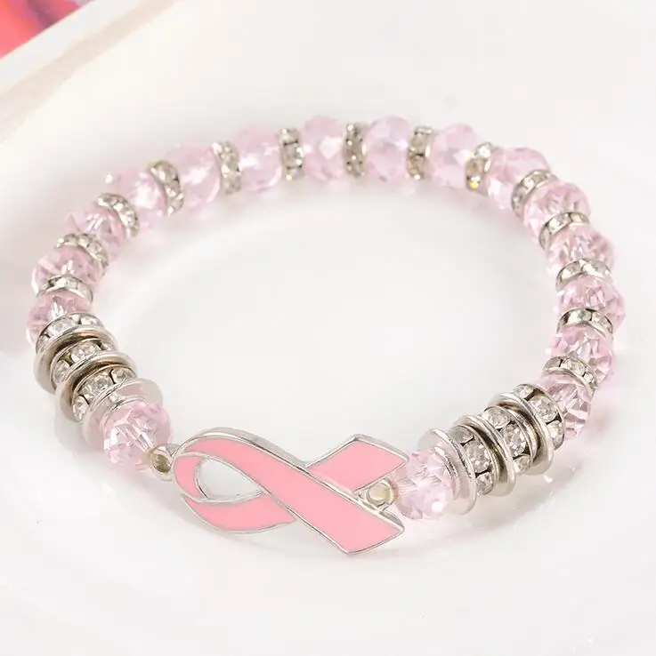 Hot selling glass bead bracelets red ribbon breast cancer awareness charms bracelets for women