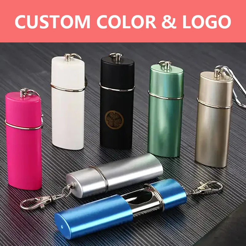 Custom Logo Portable Ashtray with Lid, Metal Outdoor Travel Ash Trays Pocket Ashtrays with Key chain for Cigarettes