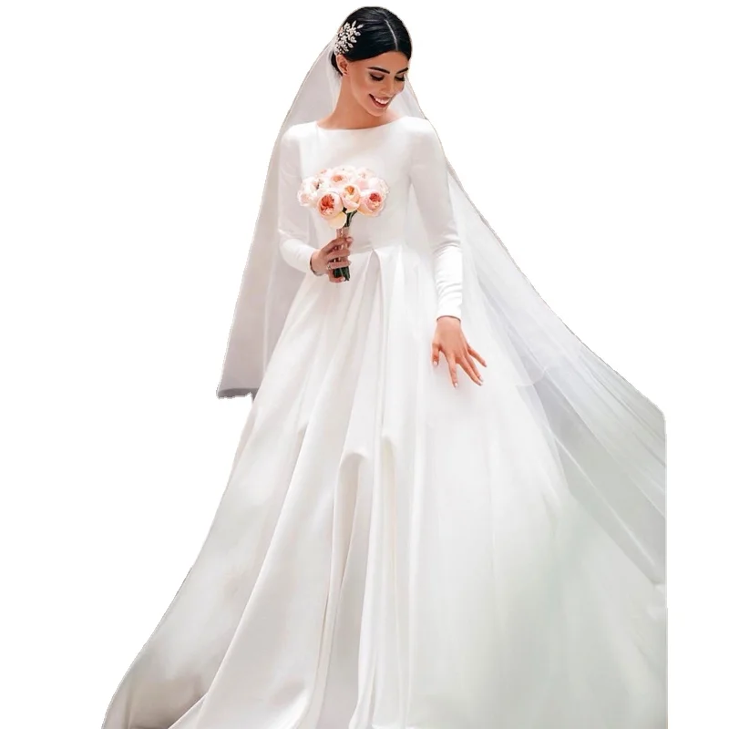 A-Line Long Sleeve Satin Wedding Dress Vestidos de Novia Wedding Dress Vestidos de Novia Corte Sirena
