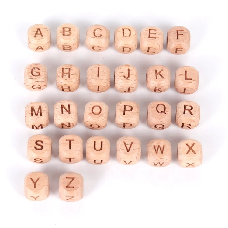 Hot fashion Beech letter beads laser engraved dice Teething beech wood  letter beads