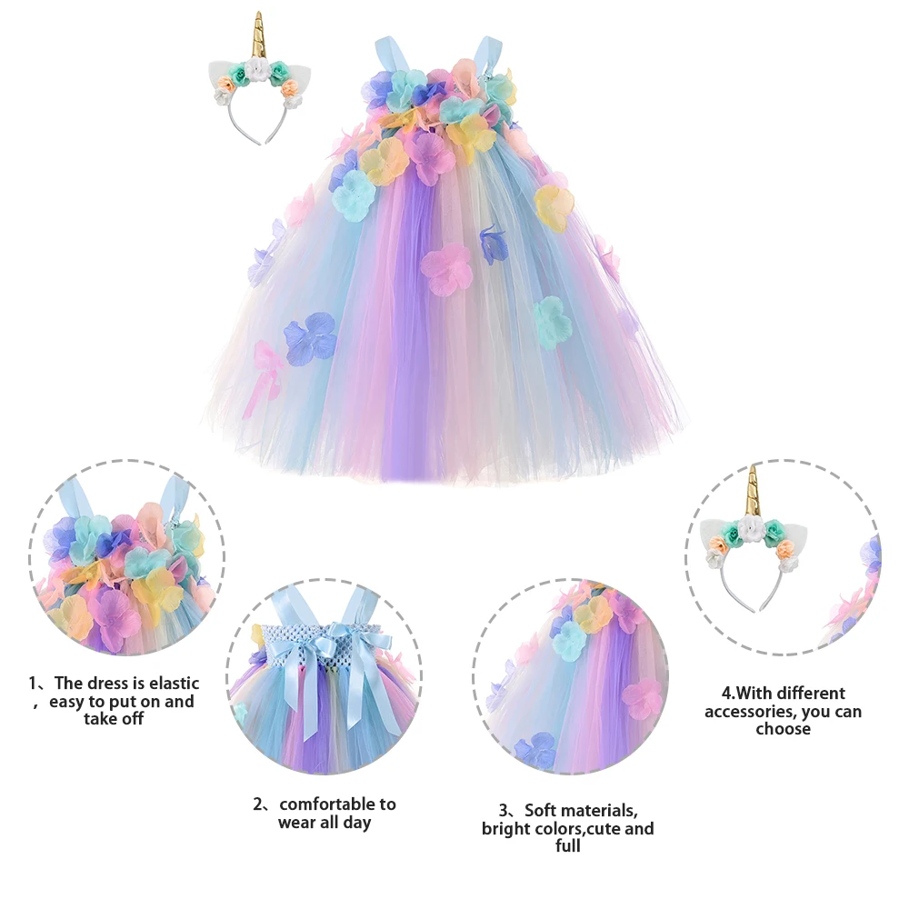 Factory Flower Girl Dress Kids Horse Costume Colorful Wedding Gown Birthday Party Clothes Children Unicorn Tutu Dress