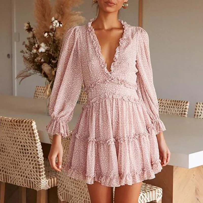 Womens Spring Summer Long Sleeve Deep V Neck Ruffle Long Sleeve Floral Print Mini casual Dress women
