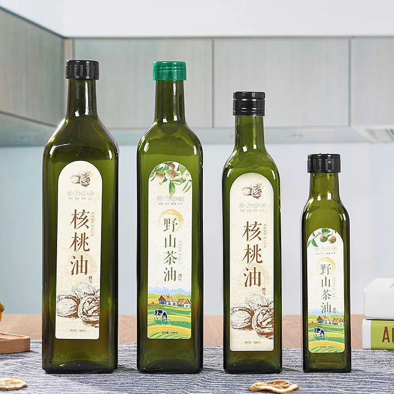 square Cooking Oil Bottles Amber Green clear Glass Olive Bottle With Screw Cap 100/250/500/750/1000ml