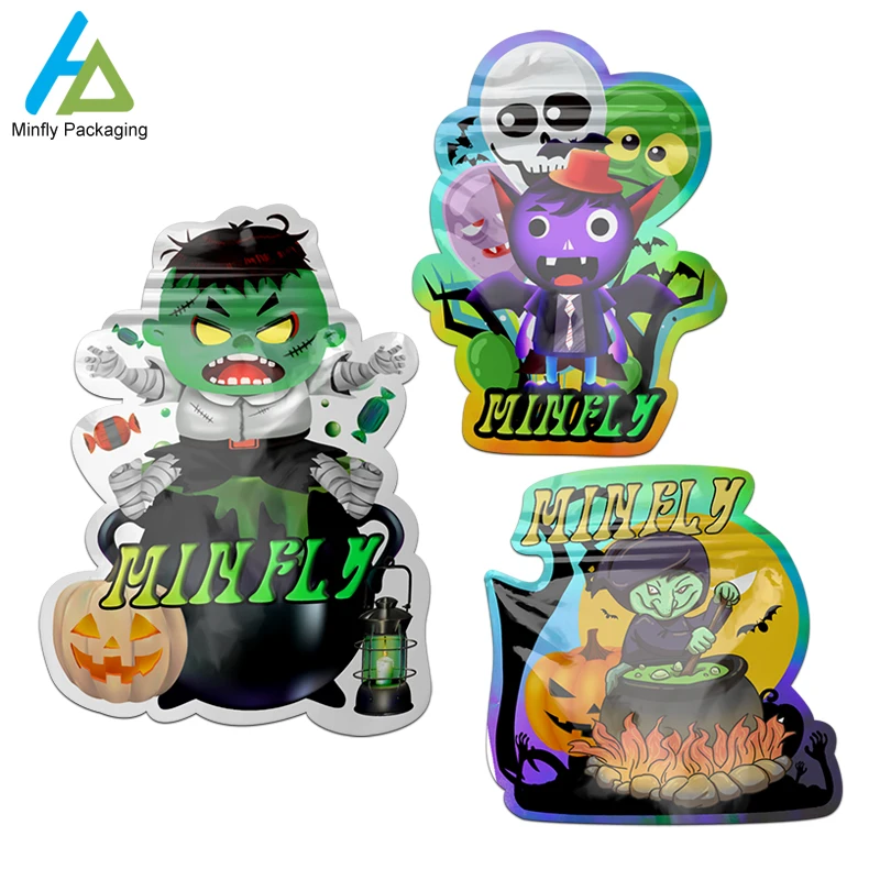 Eco Friendly Recycled Special Custom Shaped Die Cut 7 14 28 3.5g Gummies Childproof Halloween Aluminum Foil Candy Mylar Bag