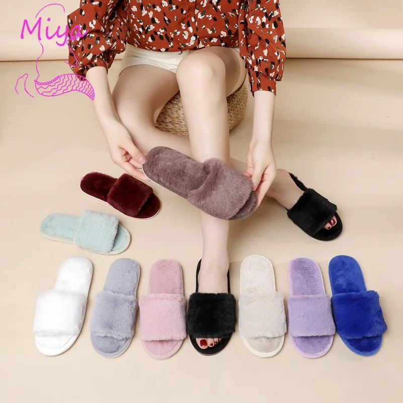 FR-098 Cheap high quality Bulk Wholesale Custom Logo Plain Furry Slipper for Man Women Fall Winter Warm Indoor Fur Slippers