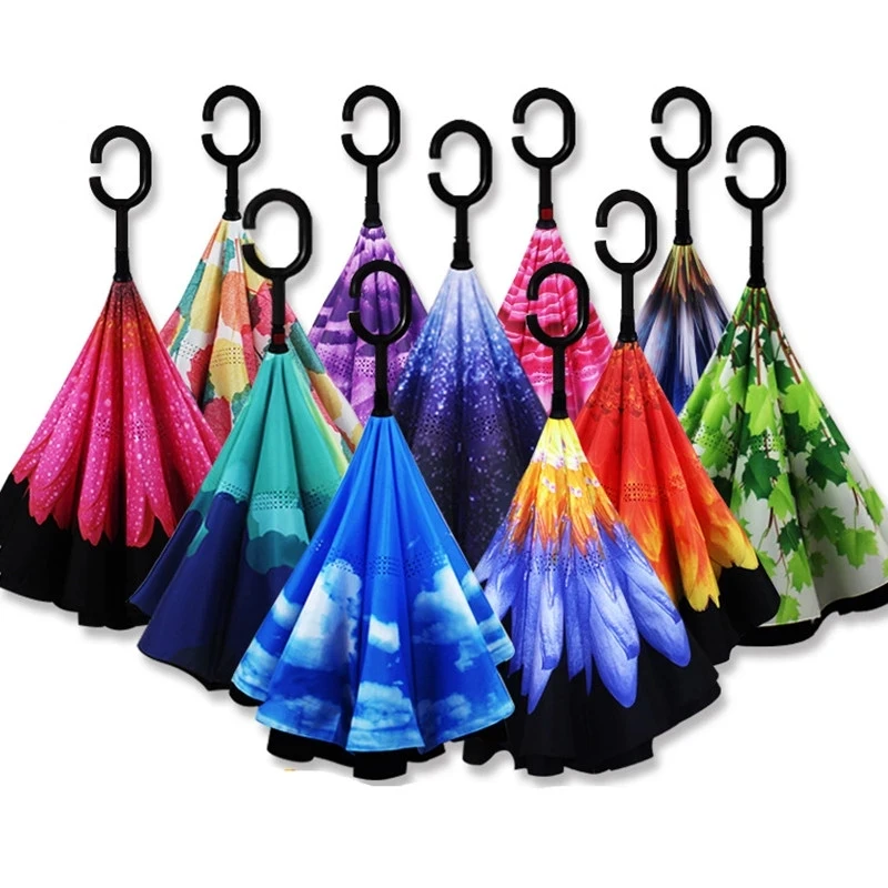 Ветрозащитный двухслойный складной инвертированный зонт, самостоятельная подставка, защита от дождя, автомобильные Зонты заднего хода с C-образной ручкой