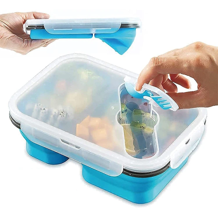 Use in microwave refrigerator Leak-proof collapsible silicone lunch box with compartments and acutlery